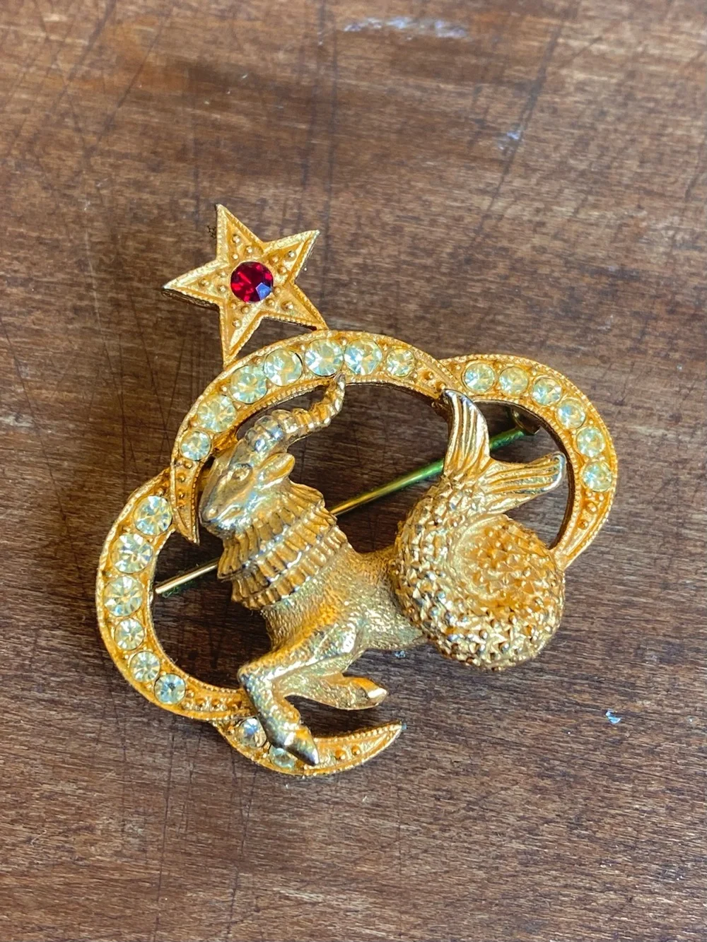 Gold-Tone Capricorn Zodiac St. Labre Brooch with Red Star Accent